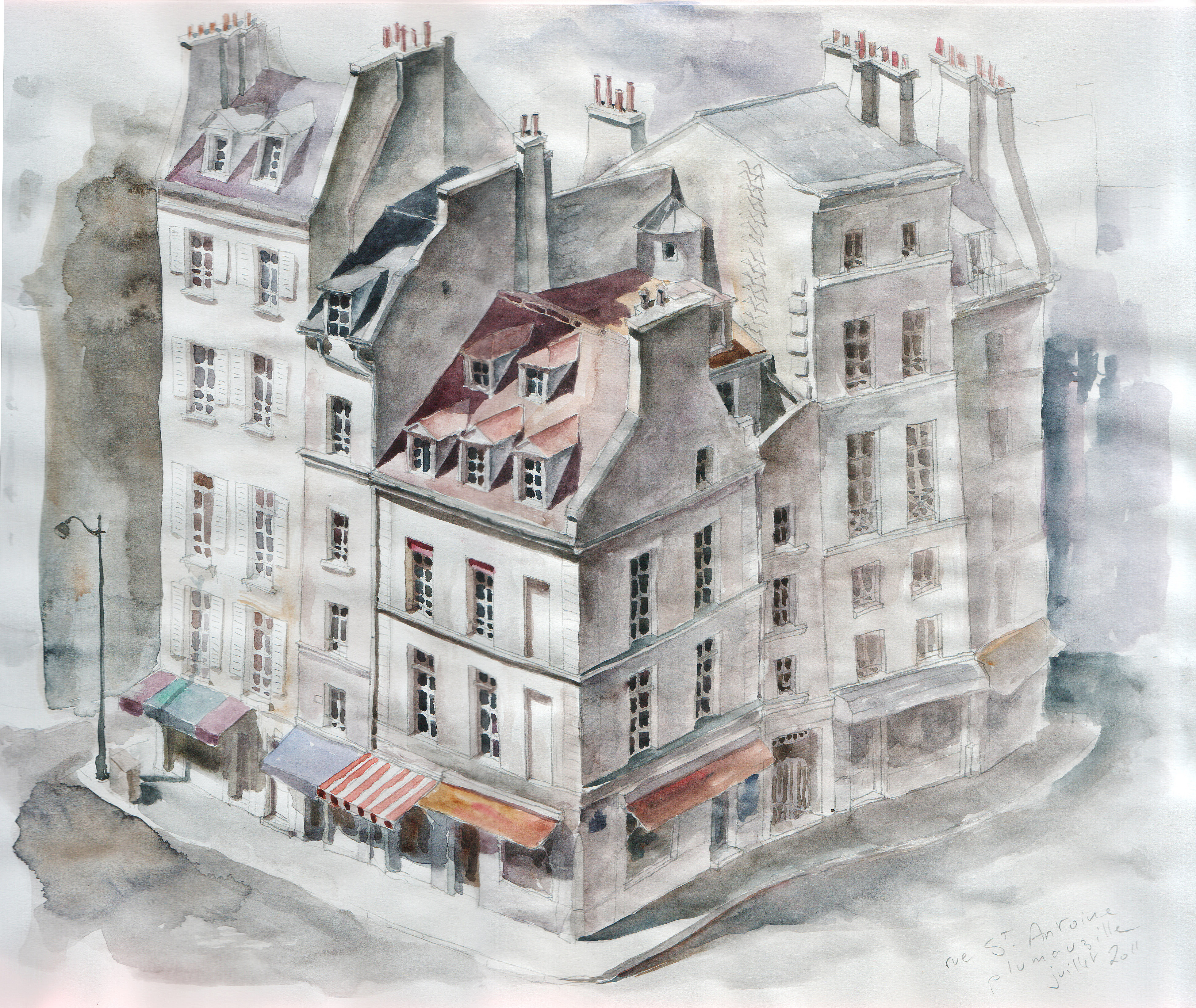 Rue Saint-Antoine - crayon et aquarelle
