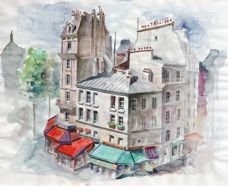 esquisse - place d'Italie - crayon et aquarelle