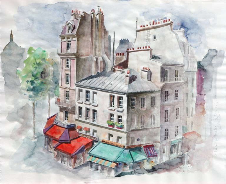 esquisse - place d'Italie - crayon et aquarelle