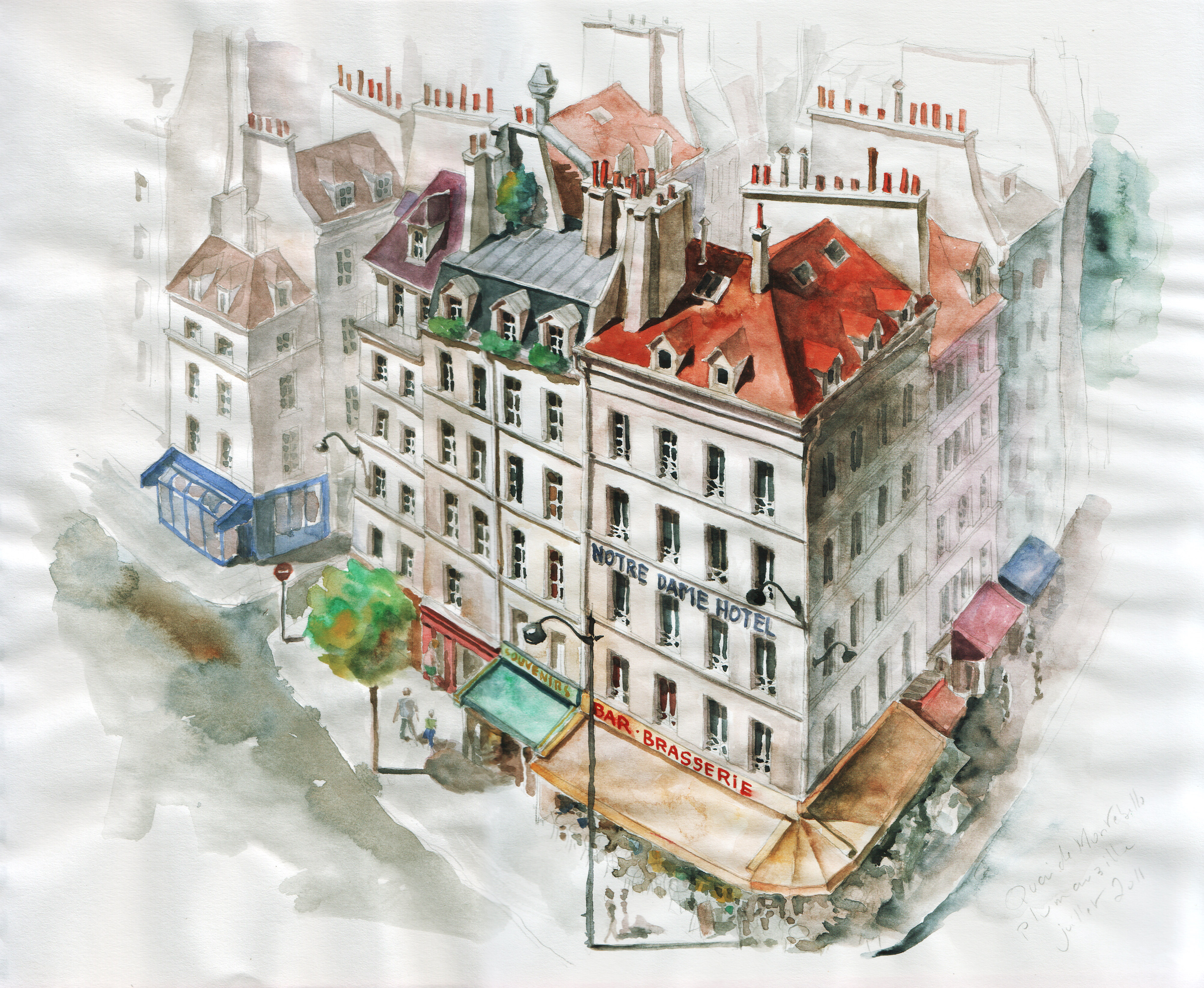 Quai Saint-Michel / Rue du Petit Pont - crayon et aquarelle