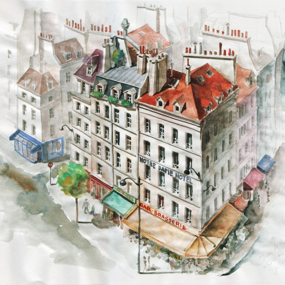 Quai Saint-Michel / Rue du Petit Pont - crayon et aquarelle