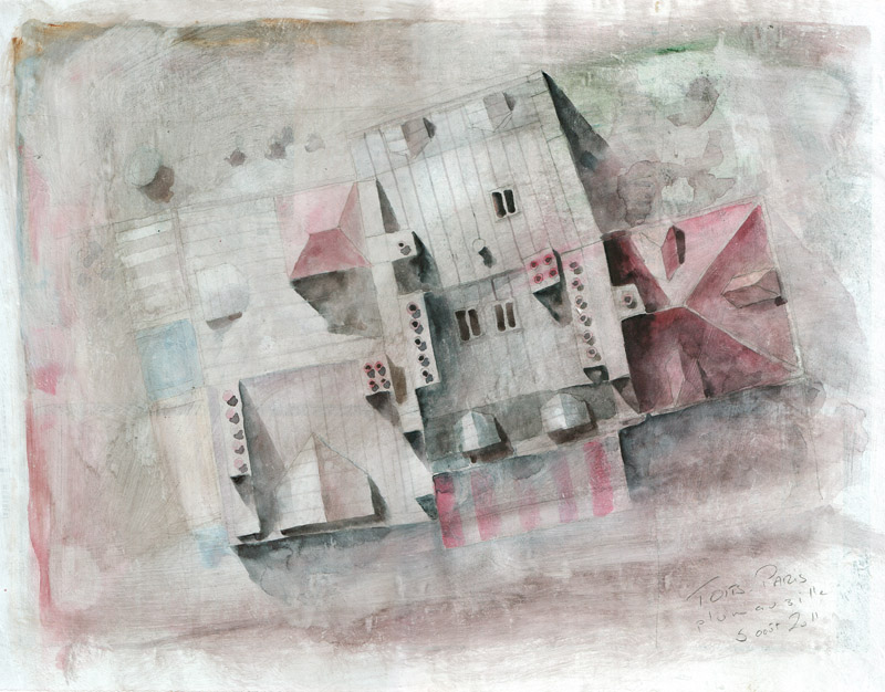 Toits 01 - crayon et aquarelle sur journal encollé