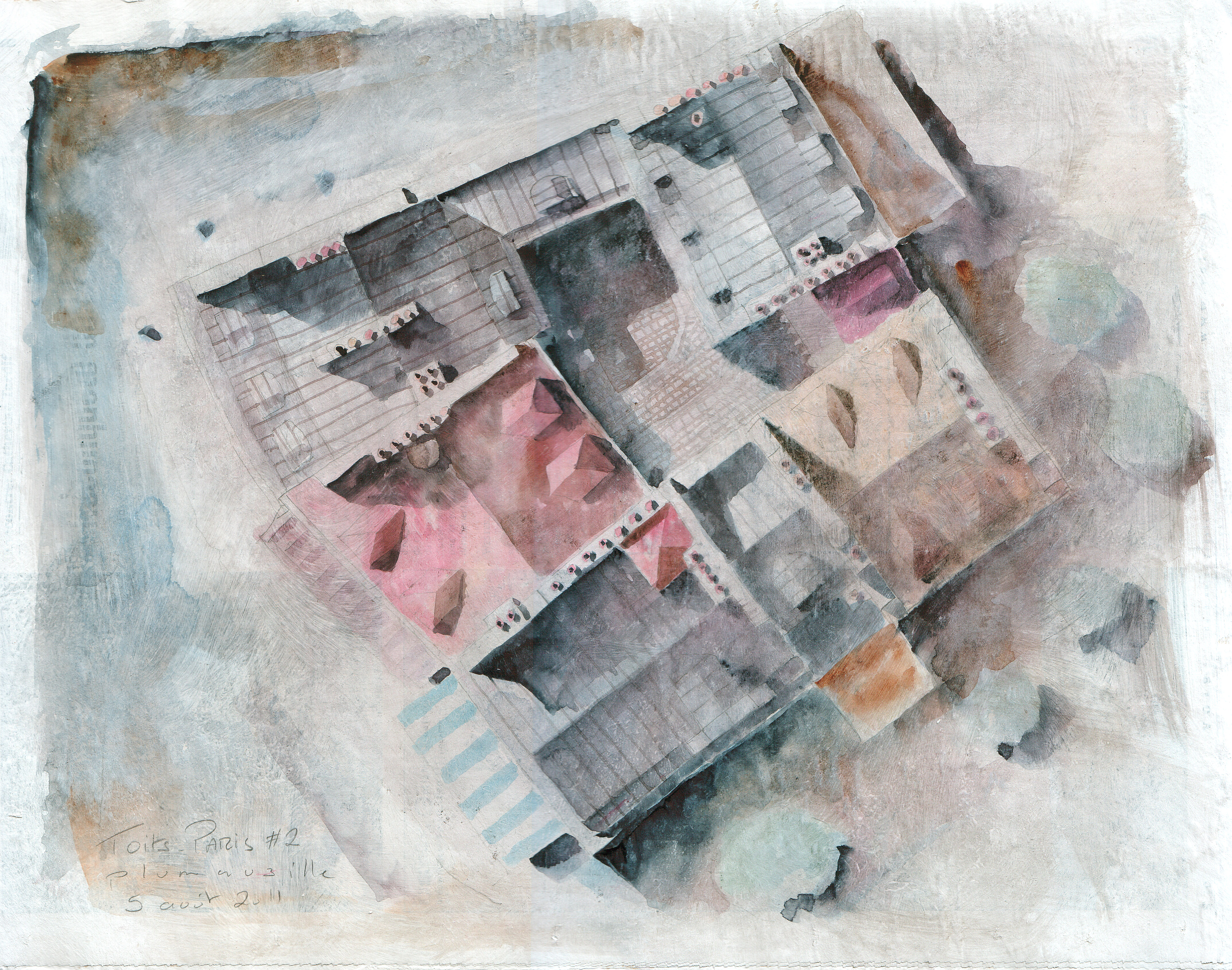 Toits de Paris #2 - crayon et aquarelle sur papier journal encollé
