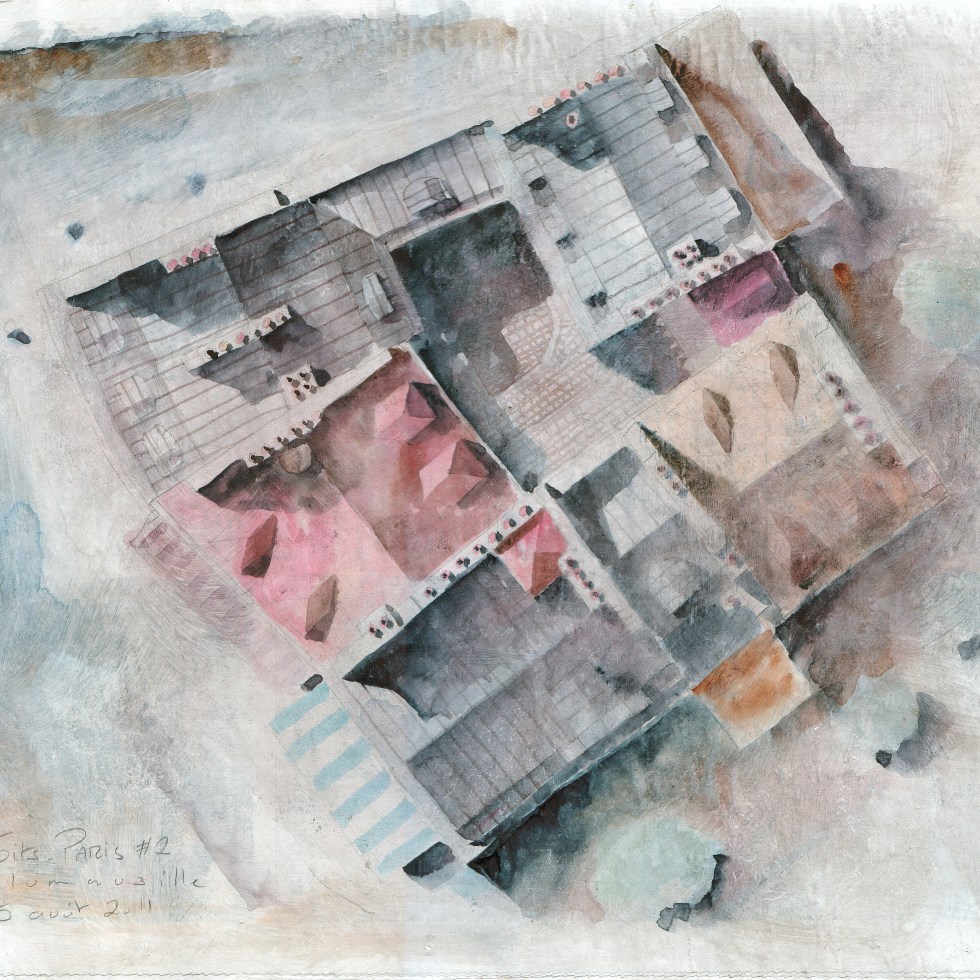 Toits de Paris #2 - crayon et aquarelle sur papier journal encollé