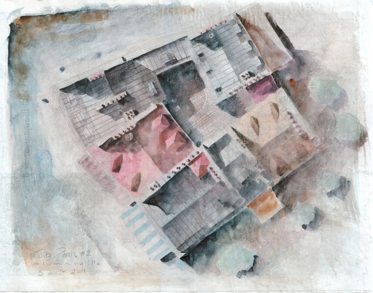 Toits de Paris #2 - crayon et aquarelle sur papier journal encollé