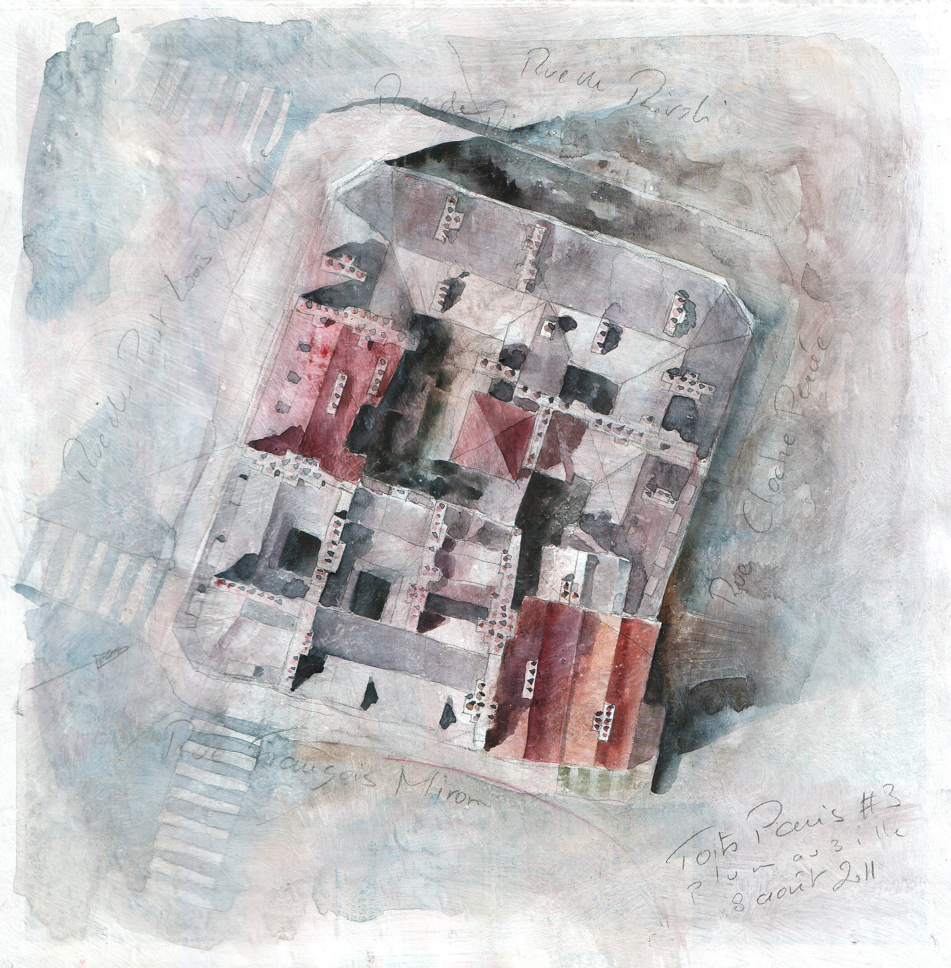 Toits de Paris #3 - crayon et aquarelle sur papier journal encollé