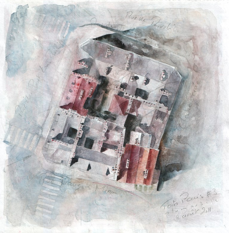 Toits de Paris #3 - crayon et aquarelle sur papier journal encollé