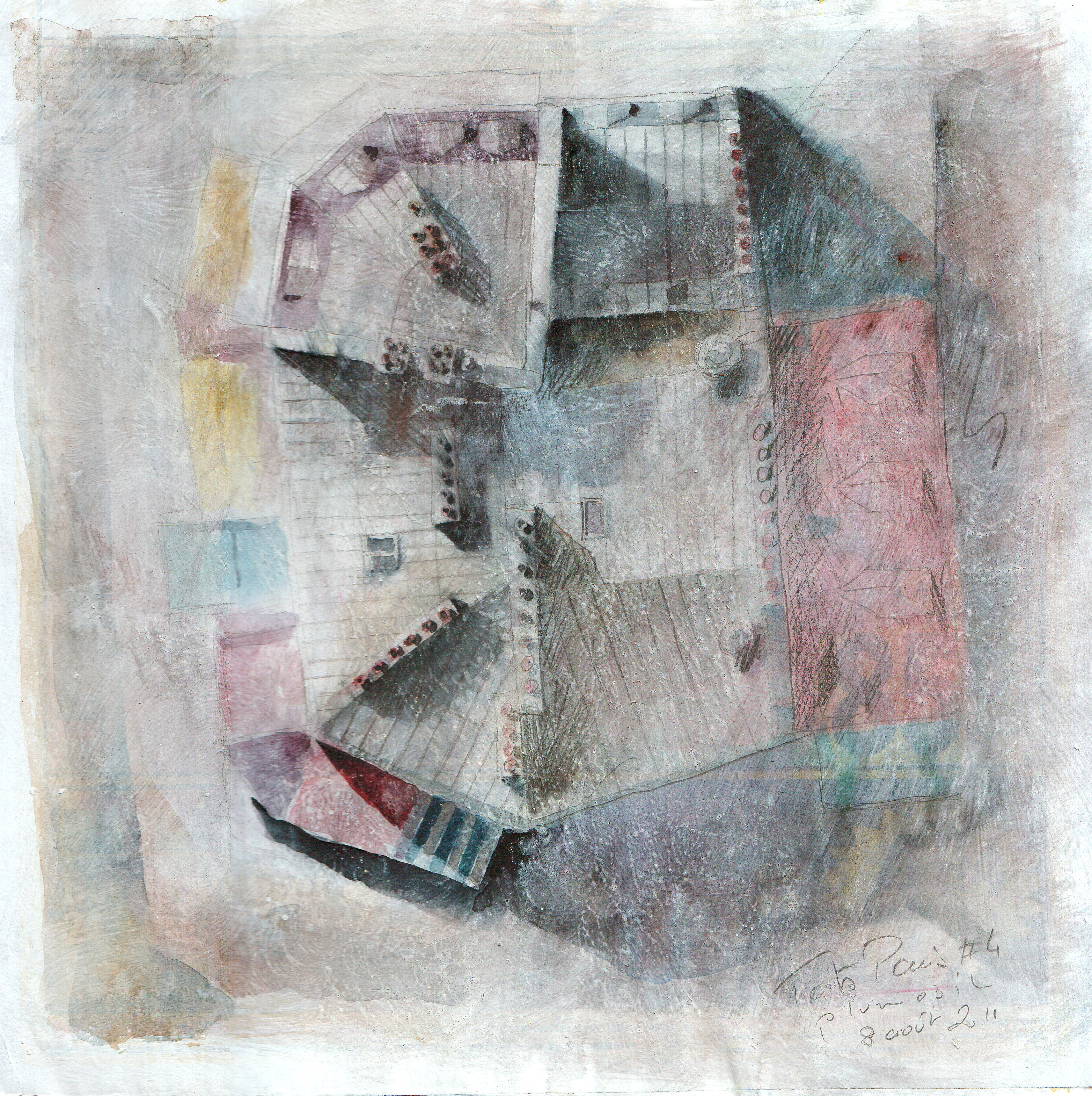 Toits de Paris #4 - crayon et aquarelle sur papier journal encollé