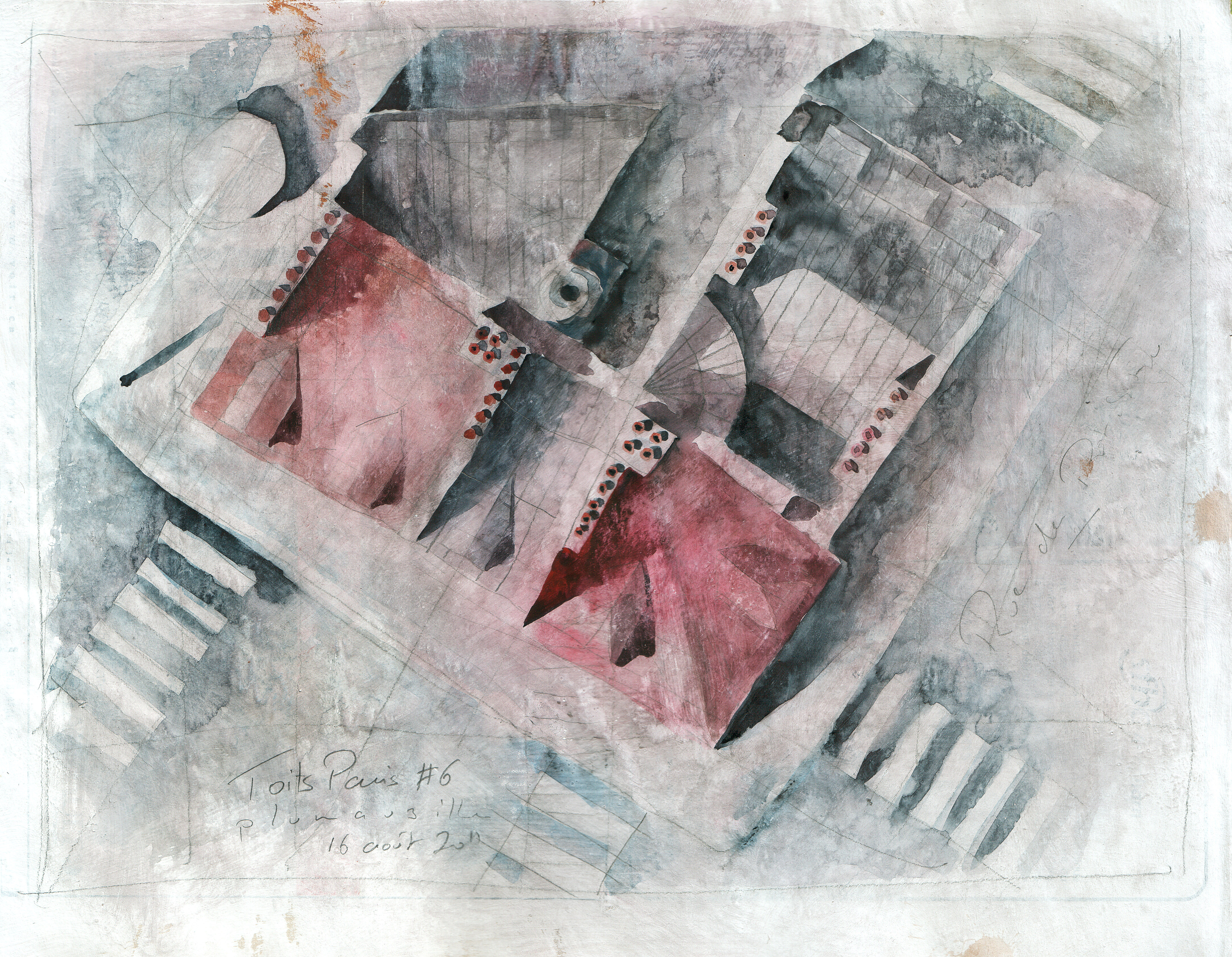 Toits de Paris #6 - crayon et aquarelle sur papier journal encollé