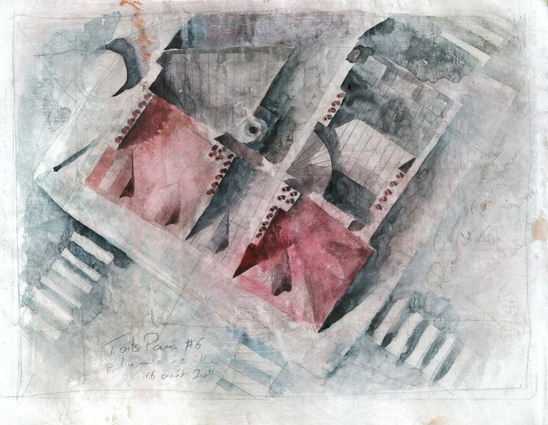 Toits de Paris #6 - crayon et aquarelle sur papier journal encollé Toits de Paris #6 - crayon et aquarelle sur papier journal encollé