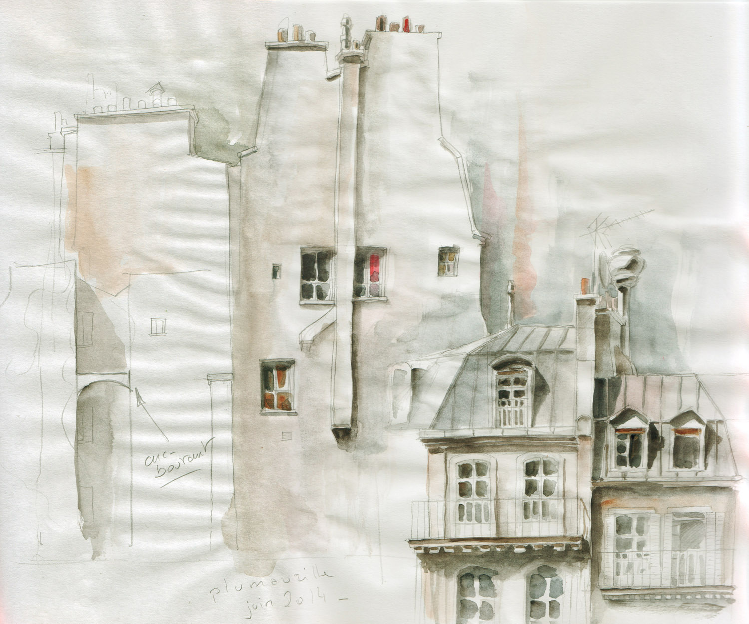 Esquisse, crayon, aquarelle sur papier pas assez épais, qui gondole