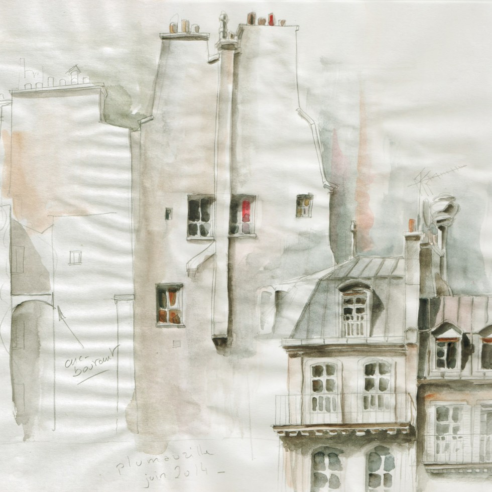 Esquisse, crayon, aquarelle sur papier pas assez épais, qui gondole