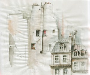 Esquisse, crayon, aquarelle sur papier pas assez épais, qui gondole