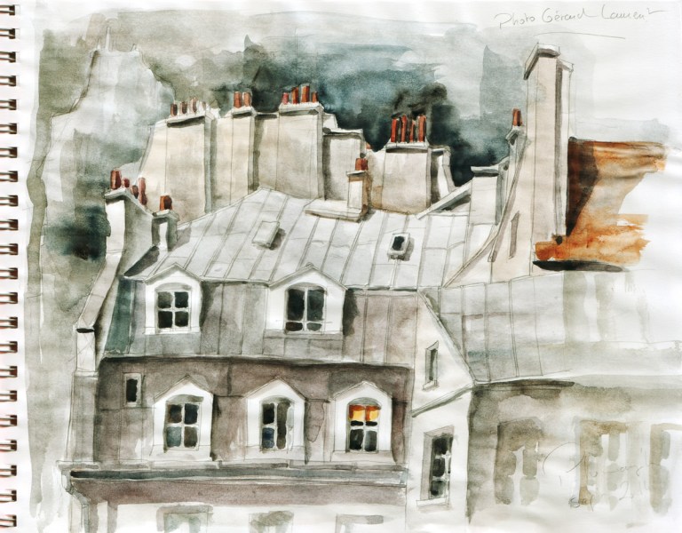 Toits de Paris - aquarelle d'après une photo de Gilbert Laurent